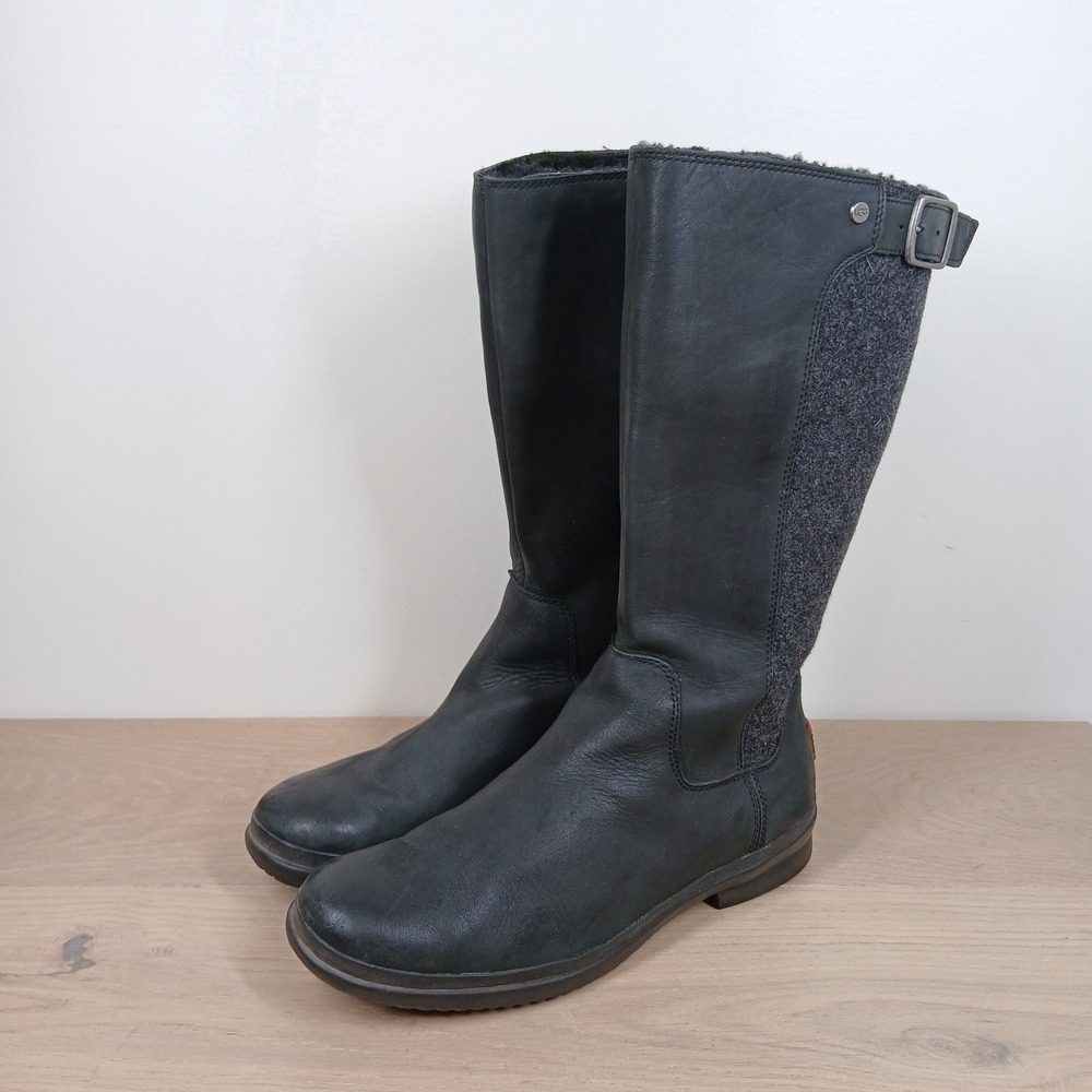 UGG Tall Boots Womens 11 Black Leather Wool Waterproof Zipper Buckle Winter Fall